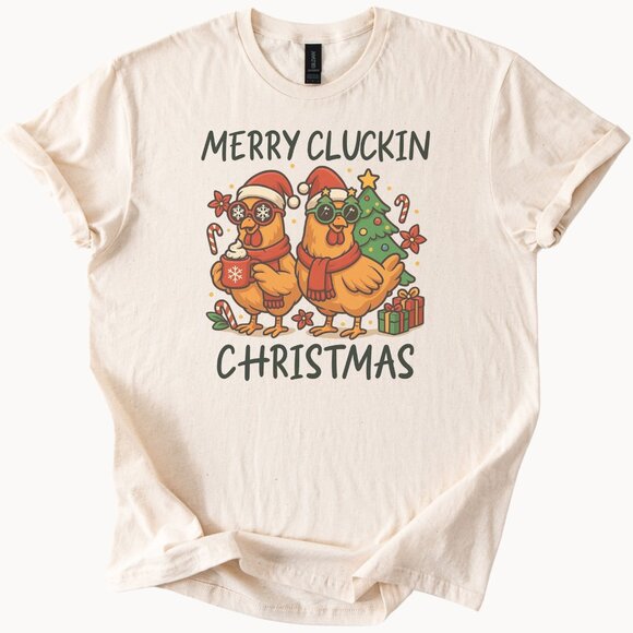Merry Cluckin Christmas Shirt Funny Chicken Holiday Graphic Farm Tee - Picture 1 of 6